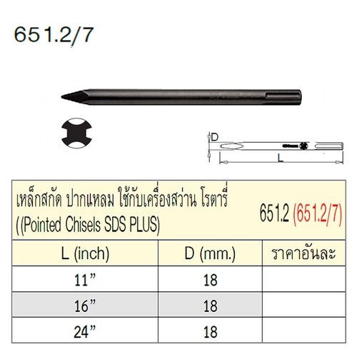 SKI - สกี จำหน่ายสินค้าหลากหลาย และคุณภาพดี | UNIOR 651.2/7 เหล็กสกัดปากแหลม 11นิ้วx18mm ใช้กับเครื่องสว่านโรตารี่ (651.2)